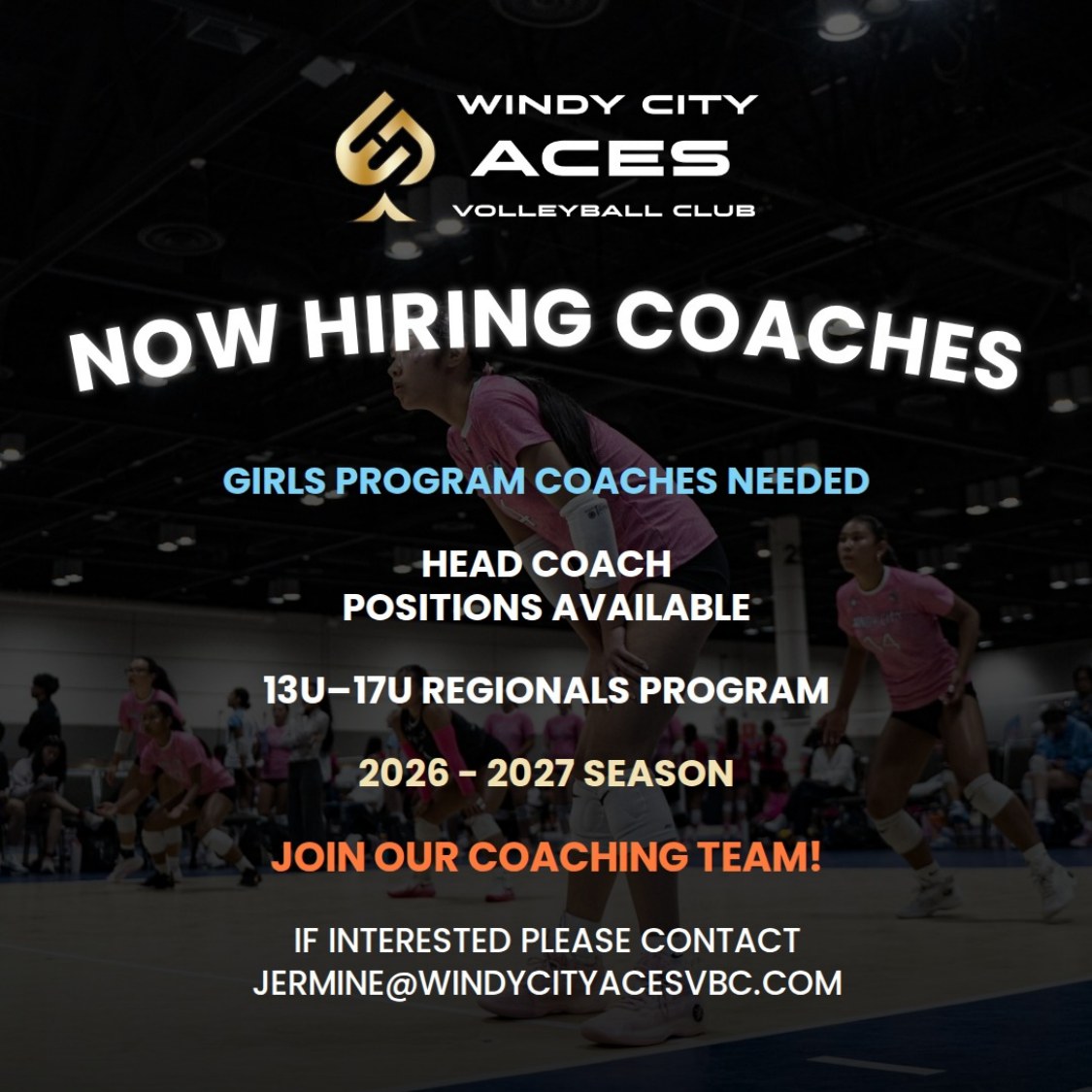 Windy City Aces Now Hiring Coaches flyer: Girls program head coach positions, 13U–17U Regionals, 2026–27 season